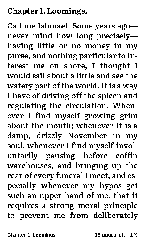 Chapter 1 of Moby-Dick, Loomings, in Literata, with 16 pages left in the chapter