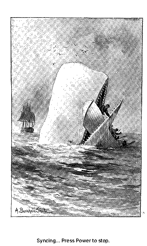 The sleep screen: Moby-Dick's cover, with Syncing… Press Power to stop. beneath it